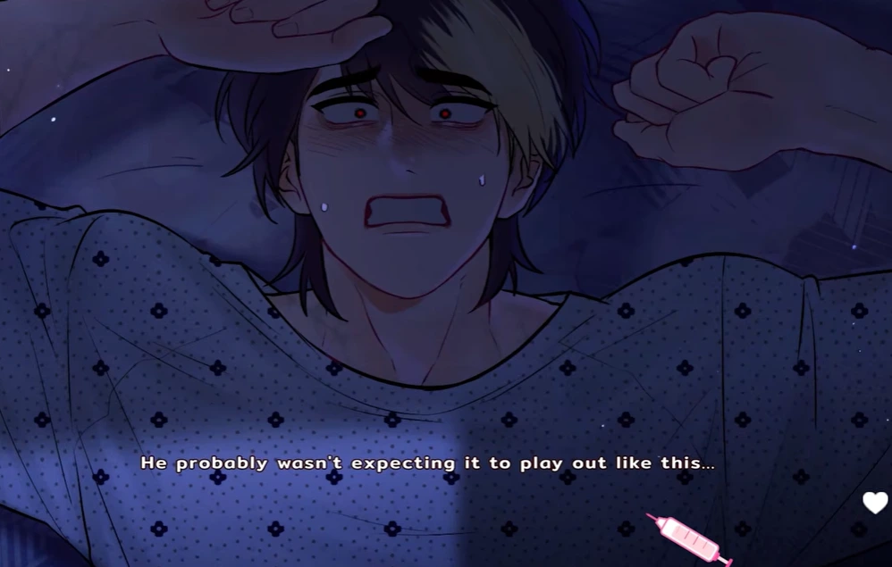 Frightened character with raised arms under blue lighting, with dialogue across the bottom of the scene
