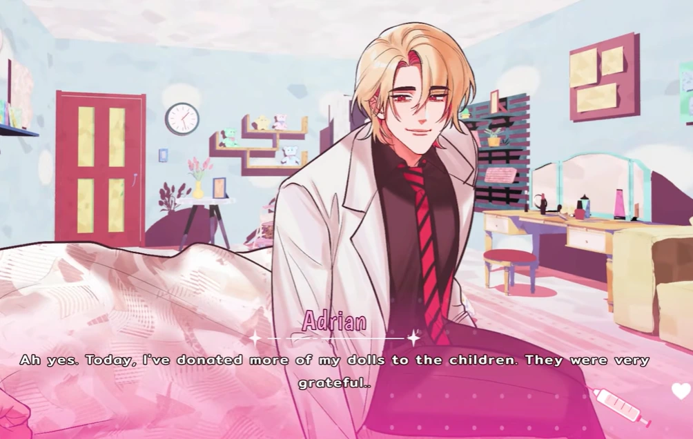 Adrian smiling in a bright bedroom while a dialogue box discusses dolls donated to children