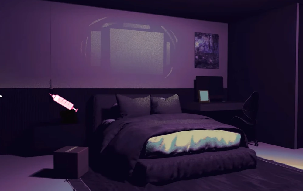 Purple-lit bedroom at night with a bed in the center and a desk and chair to the right