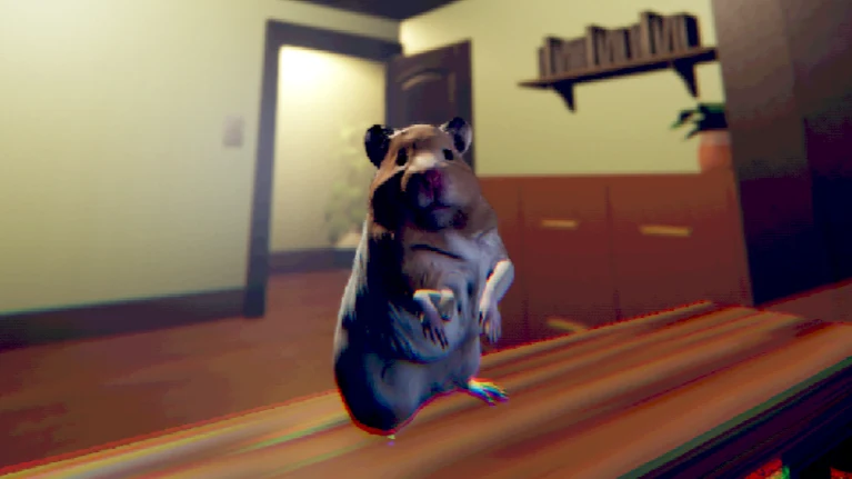 Hamster beside a cabinet and an open doorway